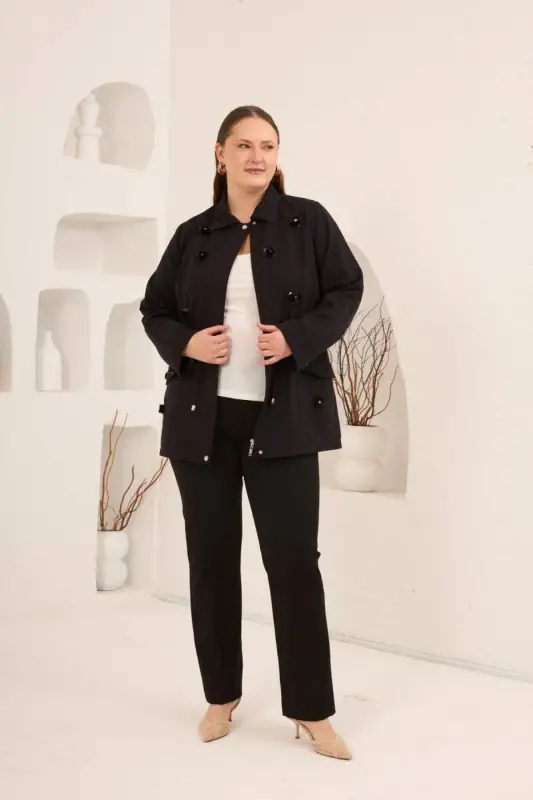 Çiçek Aplikeli Kadın Büyük Beden Trençkot Siyah - 5