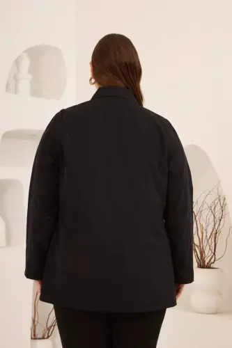 Çiçek Aplikeli Kadın Büyük Beden Trençkot Siyah - 6