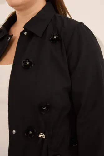 Çiçek Aplikeli Kadın Büyük Beden Trençkot Siyah - 2