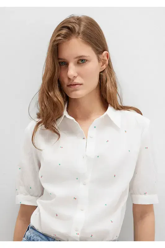 Çiçek Baskılı Ekru Gömlek Fitted / Vücuda Oturan Kesim 1210060-90701-Beyaz - MAVI