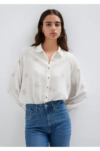 Çiçek Baskılı Ekru Gömlek Loose Fit / Bol Rahat Kesim 122514-91496-Pembe - 1