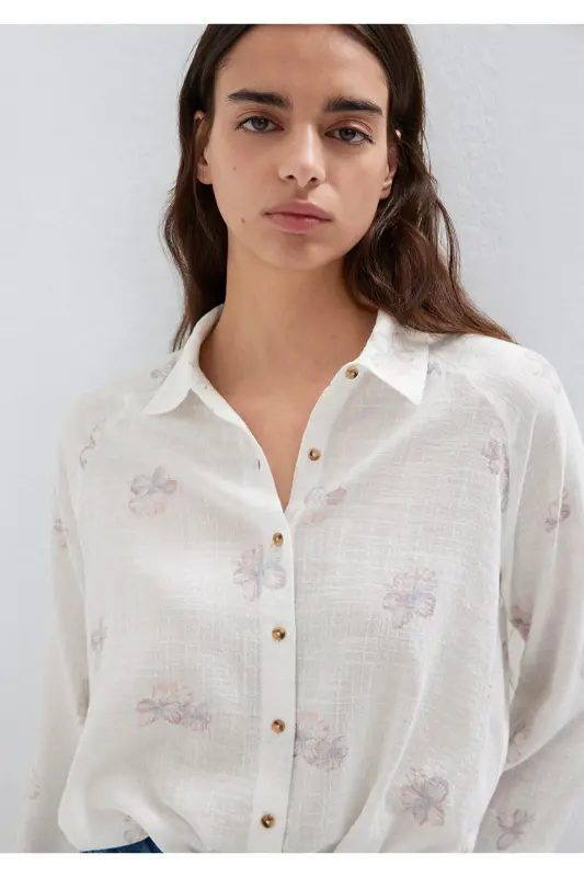 Çiçek Baskılı Ekru Gömlek Loose Fit / Bol Rahat Kesim 122514-91496-Pembe - 2