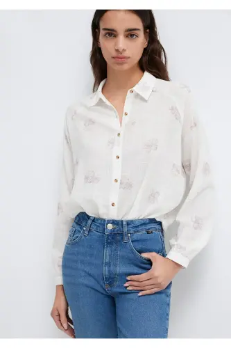 Çiçek Baskılı Ekru Gömlek Loose Fit / Bol Rahat Kesim 122514-91496-Pembe - 3