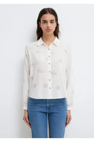 Çiçek Baskılı Ekru Gömlek Loose Fit / Bol Rahat Kesim 122514-91496-Pembe - 4