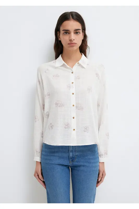 Çiçek Baskılı Ekru Gömlek Loose Fit / Bol Rahat Kesim 122514-91496-Pembe - 4