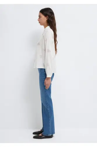 Çiçek Baskılı Ekru Gömlek Loose Fit / Bol Rahat Kesim 122514-91496-Pembe - 5