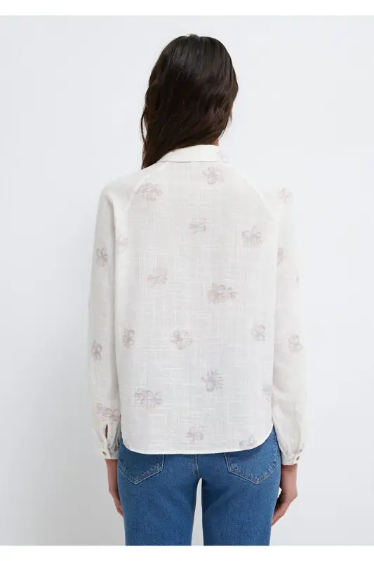 Çiçek Baskılı Ekru Gömlek Loose Fit / Bol Rahat Kesim 122514-91496-Pembe - 6