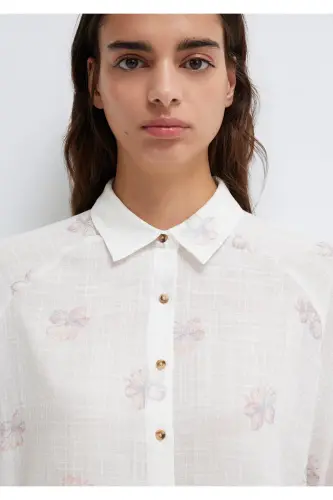 Çiçek Baskılı Ekru Gömlek Loose Fit / Bol Rahat Kesim 122514-91496-Pembe - 7