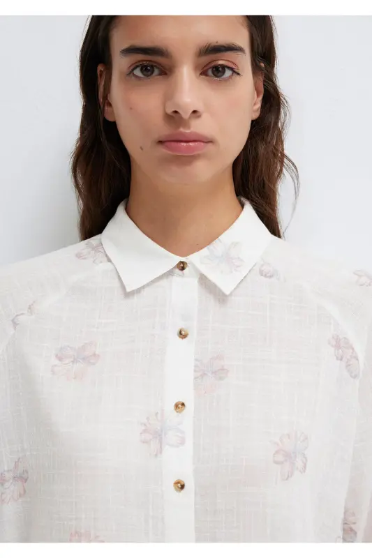 Çiçek Baskılı Ekru Gömlek Loose Fit / Bol Rahat Kesim 122514-91496-Pembe - 7