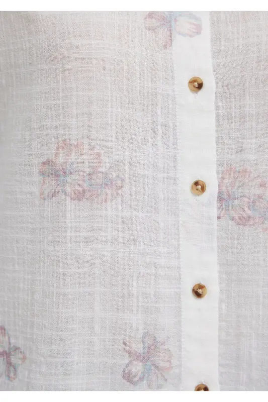 Çiçek Baskılı Ekru Gömlek Loose Fit / Bol Rahat Kesim 122514-91496-Pembe - 8