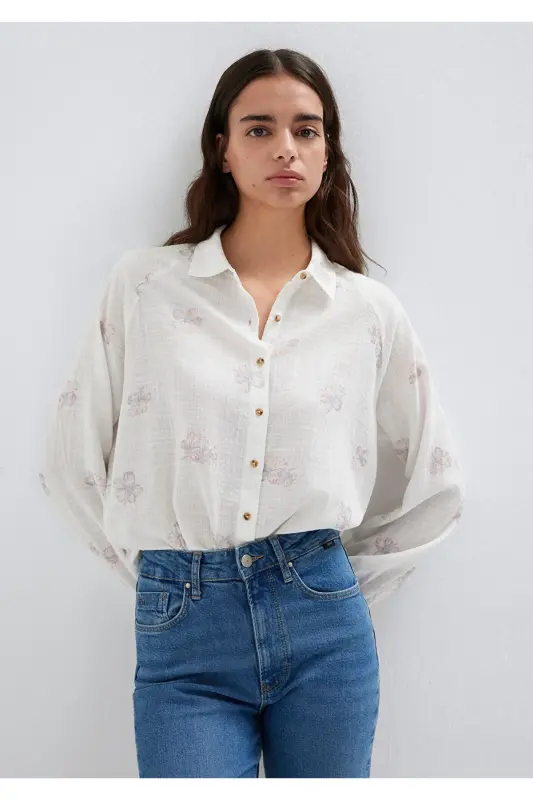 Çiçek Baskılı Ekru Gömlek Loose Fit / Bol Rahat Kesim 122514-91496 - Pembe - MAVI