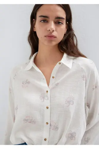 Çiçek Baskılı Ekru Gömlek Loose Fit / Bol Rahat Kesim 122514-91496 - Pembe - MAVI (1)