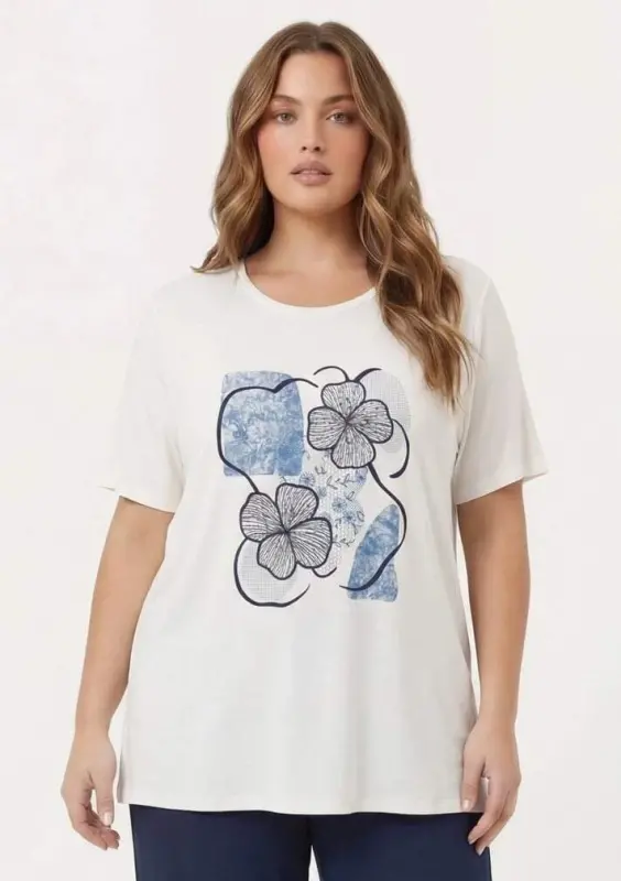 Çiçek Baskılı Kadın Büyük Beden Tişört Ekru - BÜYÜKBEDENIZ