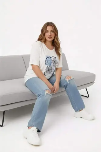 Çiçek Baskılı Kadın Büyük Beden Tişört Ekru - 2