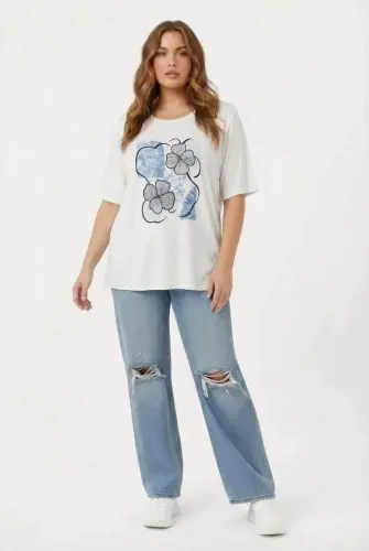 Çiçek Baskılı Kadın Büyük Beden Tişört Ekru - 4