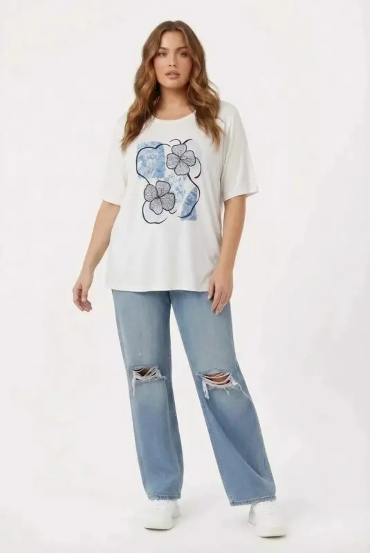 Çiçek Baskılı Kadın Büyük Beden Tişört Ekru - 4