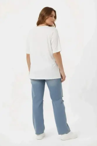 Çiçek Baskılı Kadın Büyük Beden Tişört Ekru - 5