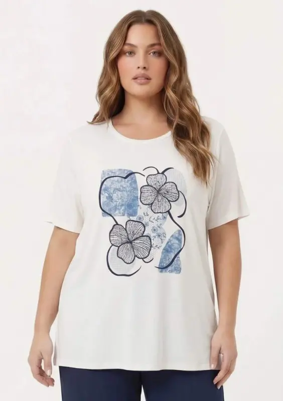 Çiçek Baskılı Kadın Büyük Beden Tişört Ekru - 1