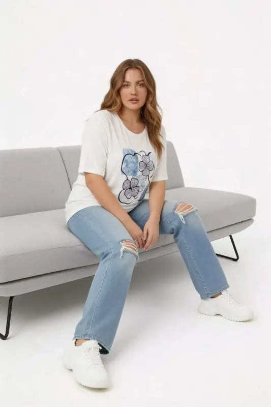 Çiçek Baskılı Kadın Büyük Beden Tişört Ekru - 3