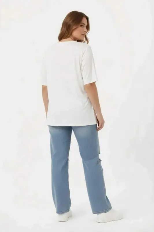 Çiçek Baskılı Kadın Büyük Beden Tişört Ekru - 5