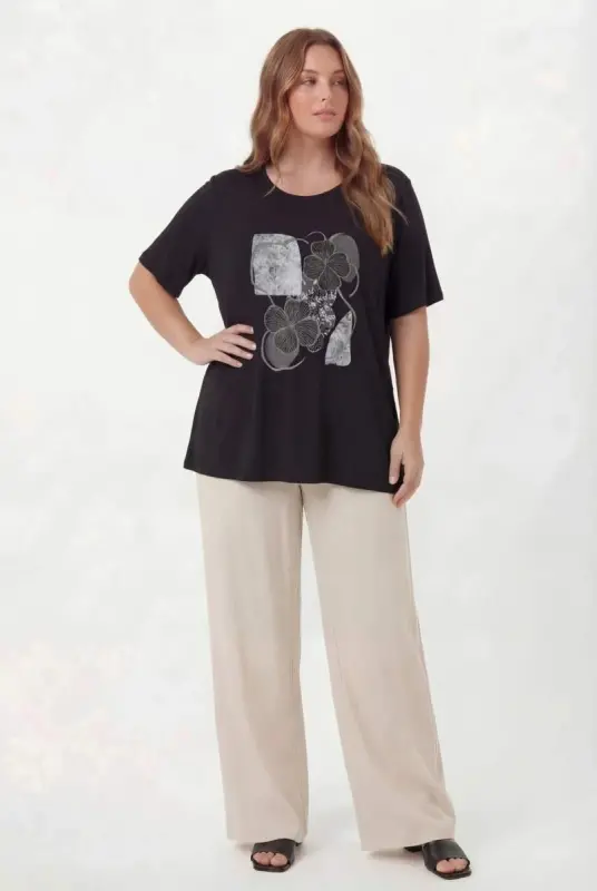 Çiçek Baskılı Kadın Büyük Beden Tişört Siyah - 4