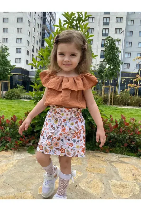 Çiçek Desen Düğmeli Etek-Krem - 5