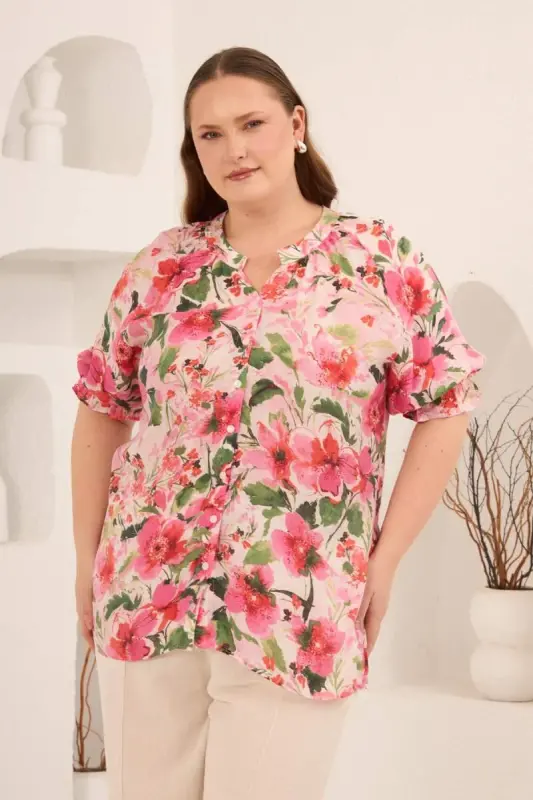 Çiçek Desenli Büyük Beden Kol Büzgülü Gömlek Fuşya - 1