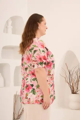 Çiçek Desenli Büyük Beden Kol Büzgülü Gömlek Fuşya - 3