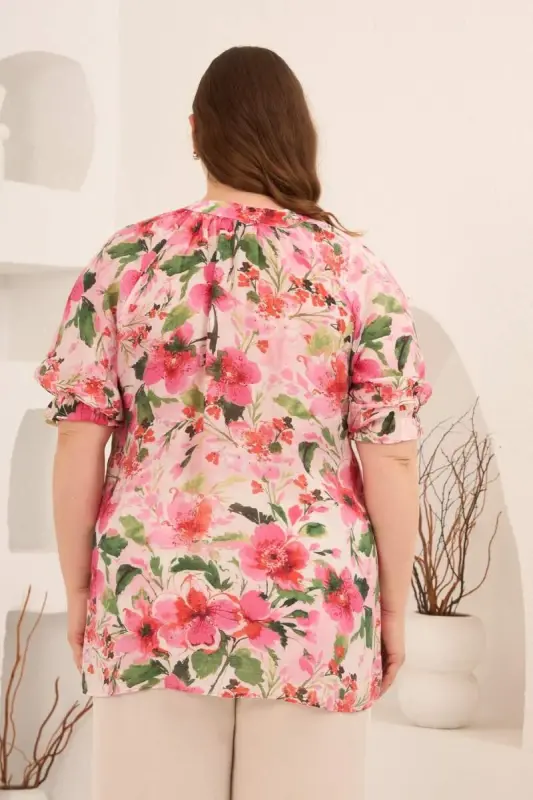 Çiçek Desenli Büyük Beden Kol Büzgülü Gömlek Fuşya - 4