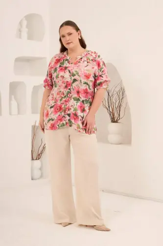 Çiçek Desenli Büyük Beden Kol Büzgülü Gömlek Fuşya - 5