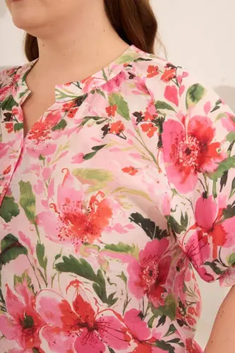 Çiçek Desenli Büyük Beden Kol Büzgülü Gömlek Fuşya - BÜYÜKBEDENIZ (1)