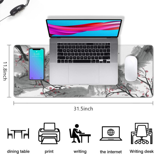 Çiçek Desenli Geniş Oyun Mouse Pad'i (31.5x11.8 inç) Büyük Kaymaz Kauçuk Taban Masa Koruyucu Sakura Dikişli Kenarlı Tam Masa Mouse Pad'i XL - 10