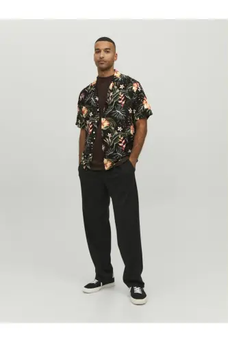 Çiçek Desenli Kısa Kollu Gömlek- Jeff-Siyah - 1