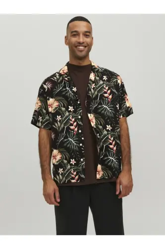 Çiçek Desenli Kısa Kollu Gömlek- Jeff-Siyah - JACK & JONES (1)