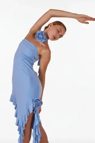 Çiçek Detaylı Fırfırlı Rosanna Elbise Mavi-Mavi - 3