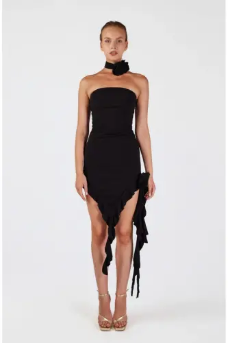 Çiçek Detaylı Fırfırlı Rosanna Elbise Siyah-Siyah - 1