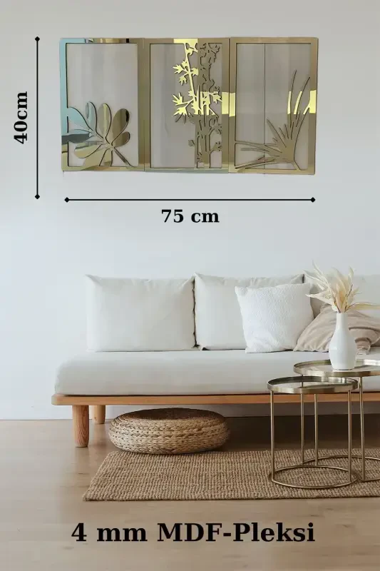 Çiçekler 3'lü Tablo Duvar Dekorasyon Lazer Kesim Her Biri 40x25 Cm - 5