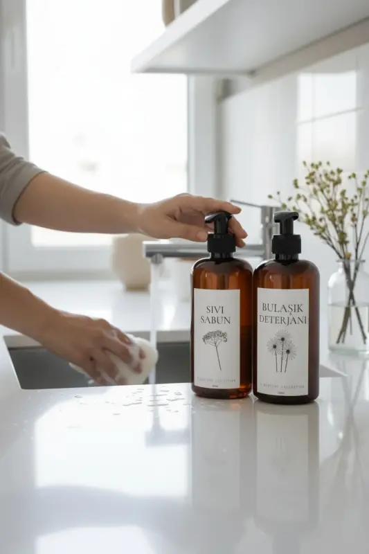 Çiçekli 2li Bulaşık Deterjanı Ve Sıvı Sabun Etiketli Amber Plastik Şişe 500 ml - Amber - 2