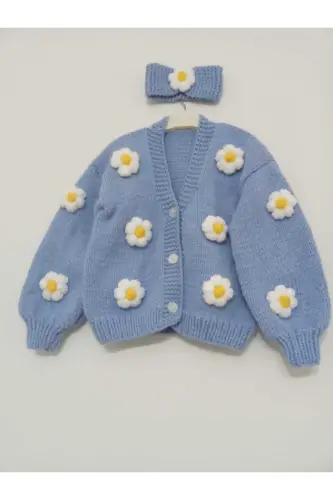 Çiçekli Çocuk Hırka-BEBE MAVİSİ 