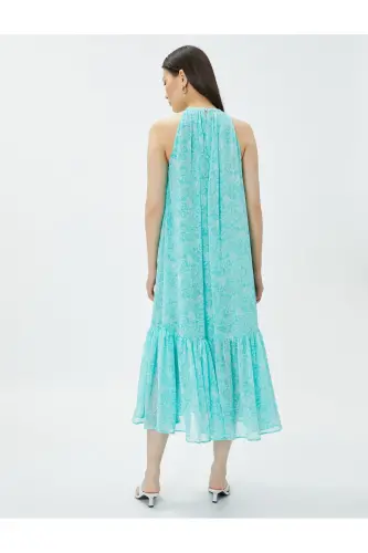 Çiçekli Elbise Midi Boy Halter Yaka - Mavi Desenli - 4