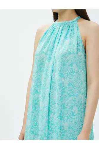 Çiçekli Elbise Midi Boy Halter Yaka - Mavi Desenli - 5