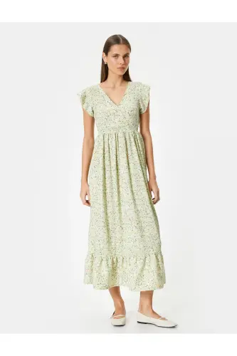 Blumenkleid Midilänge Zweireihig V-Ausschnitt Wassermelonenärmel - Khaki Gemustert - 1
