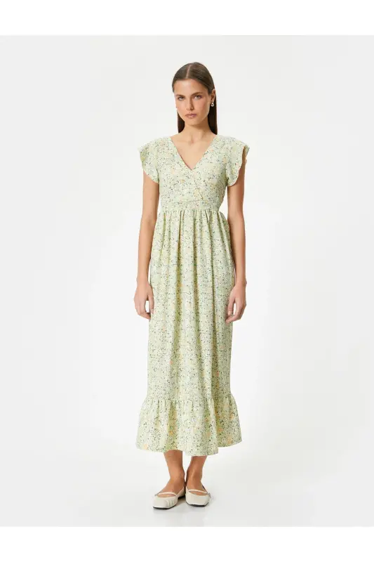 Blumenkleid Midilänge Zweireihig V-Ausschnitt Wassermelonenärmel - Khaki Gemustert - 3