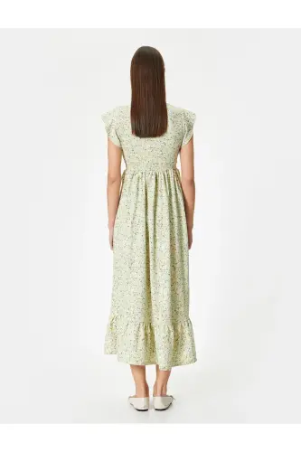 Blumenkleid Midilänge Zweireihig V-Ausschnitt Wassermelonenärmel - Khaki Gemustert - 4