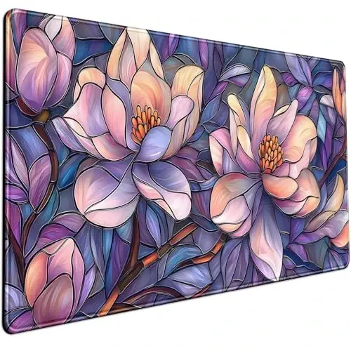 Floral Desk Mat Gaming Large Mouse Pad Desk Keyboard Pad, Long Computer Mat Faux Stained Glass Artistic Patterns Mouse Mat, Aesthetic Floral Purple & Pink Desk Protector Office Decor 31.5