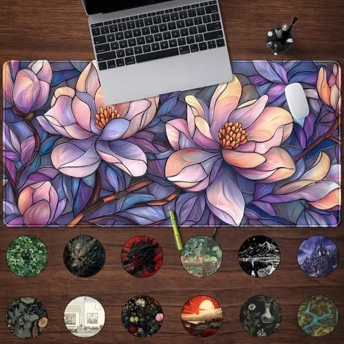 Floral Desk Mat Gaming Large Mouse Pad Desk Keyboard Pad, Long Computer Mat Faux Stained Glass Artistic Patterns Mouse Mat, Aesthetic Floral Purple & Pink Desk Protector Office Decor 31.5
