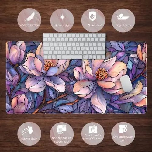 Floral Desk Mat Gaming Large Mouse Pad Desk Keyboard Pad, Long Computer Mat Faux Stained Glass Artistic Patterns Mouse Mat, Aesthetic Floral Purple & Pink Desk Protector Office Decor 31.5