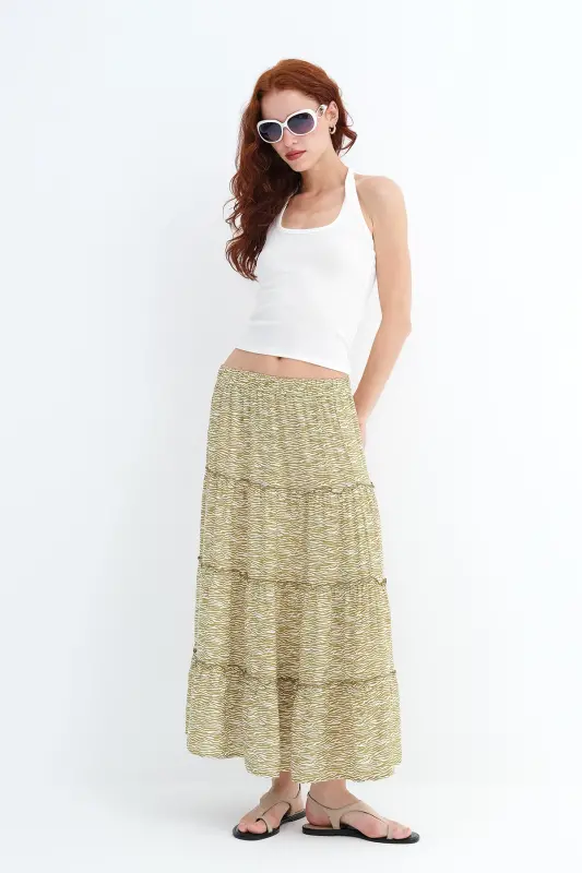 Çiçekli Uzun Etek E16209-K12 - Olive - ADDAX