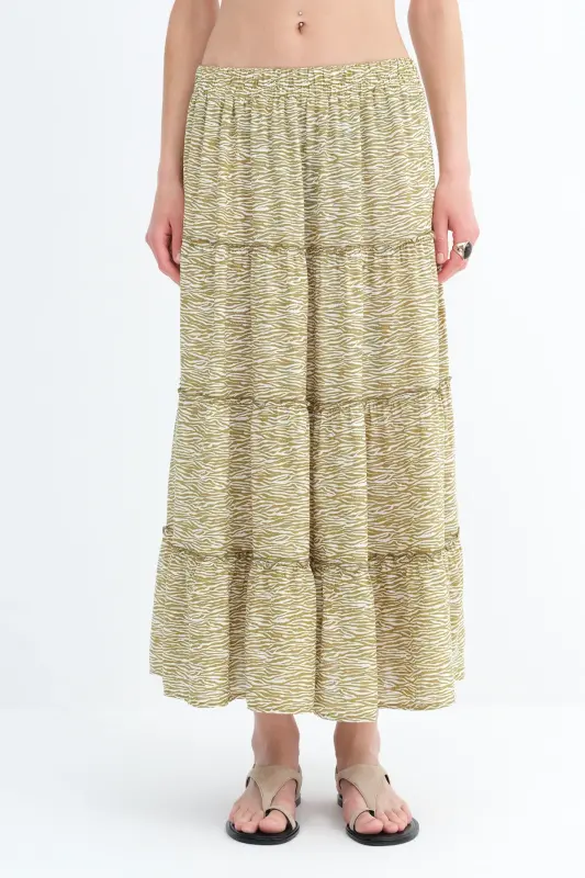 Çiçekli Uzun Etek E16209-K12 - Olive - 5
