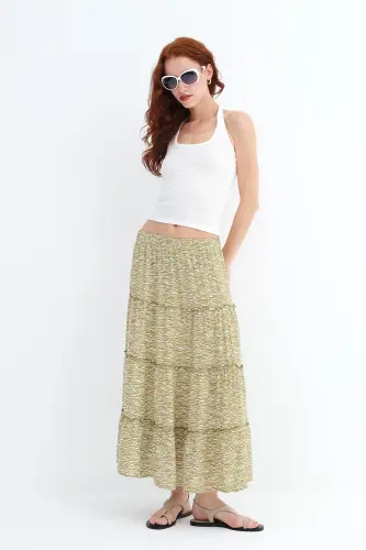 Çiçekli Uzun Etek E16209-K12 - Olive 